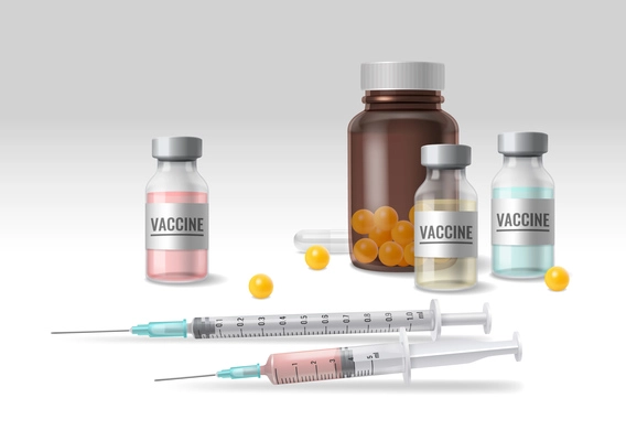 Health care realistic composition consisting of syringes with medical solution phial with vitamins and vials with vaccine vector illustration