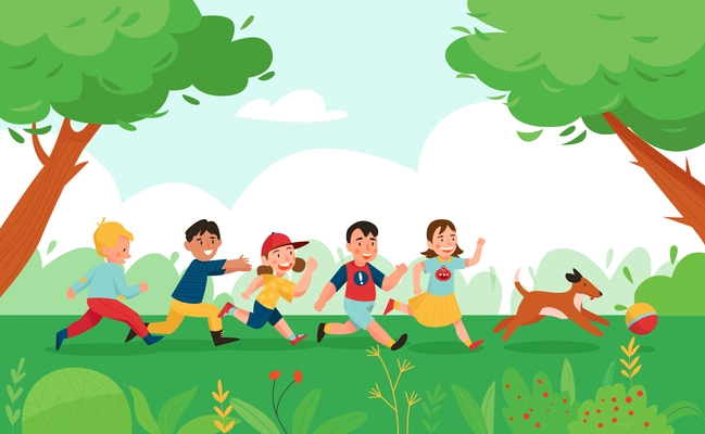 Summer children playing activity dog composition boys and girls running around the park playing with the dog vector illustration