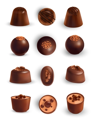 Realistic isolated chocolate icon set candies with different shapes different fillings and sprinkles vector illustration