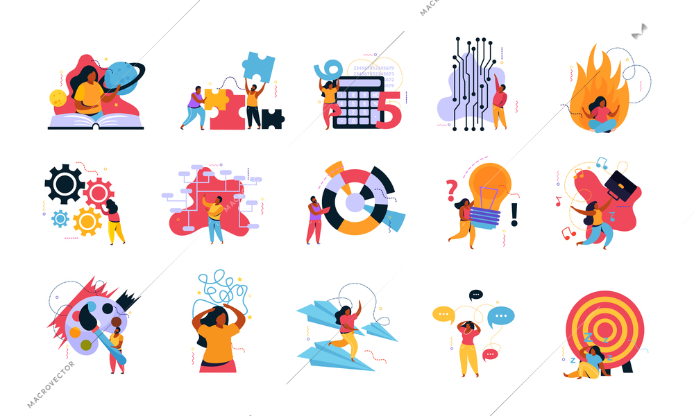 Mind behavior flat colored icon set managing ones own affairs through various meditation techniques planning creativity reading scientific literature and other things vector illustration