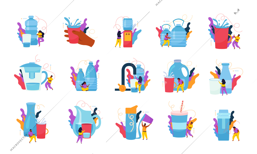 Drink water flat icon set clean drinking water in bottles of different sizes in the cooler glass and tumbler vector illustration