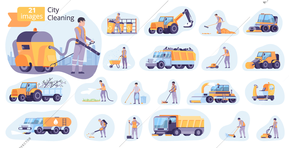 City cleaning garbage collection and snow removal machinery flat icons set isolated vector illustration