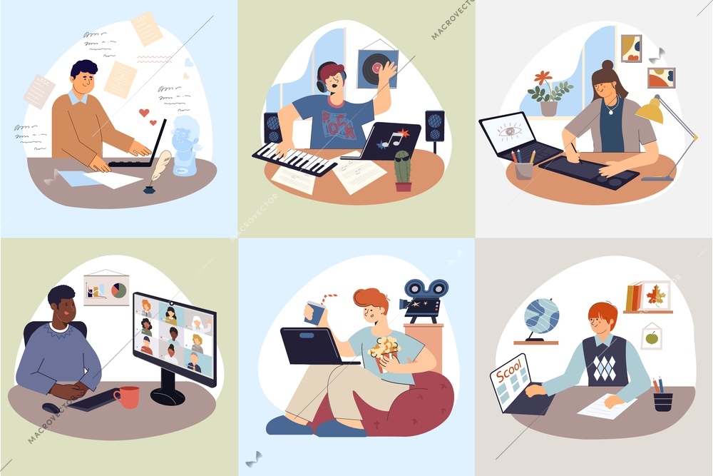 Computer people set of square compositions with doodle human characters using computers for different occupation purposes vector illustration