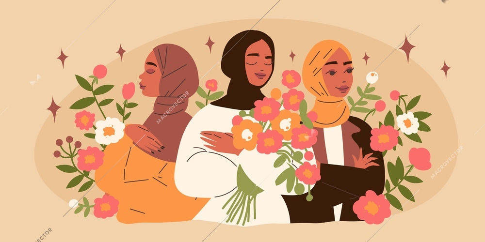 Hijab woman composition with beauty and flowers symbols flat vector illustration