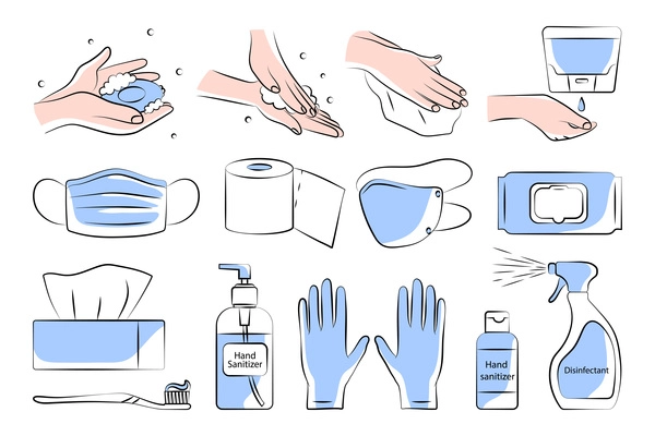 Flat personal hygiene set with washing hands sanitizer medical mask toilet paper toothbrush gloves isolated vector illustration