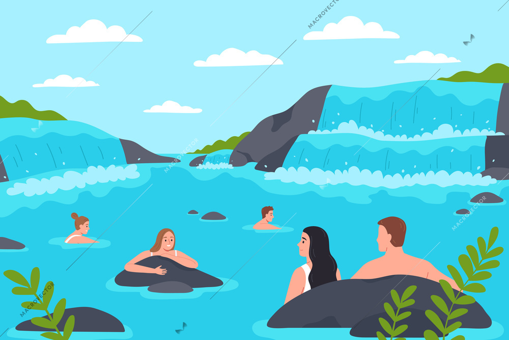 People bathing in thermal waters in picturesque place flat vector illustration