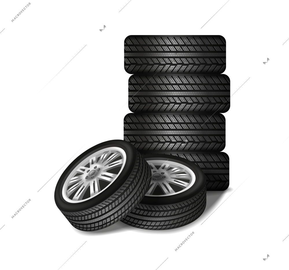 Black tires stacked on top of each other on white background realistic composition monochrome vector illustration