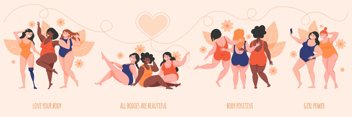 Set with isolated body positive compositions with female characters text and silhouettes of flowers and hearts vector illustration
