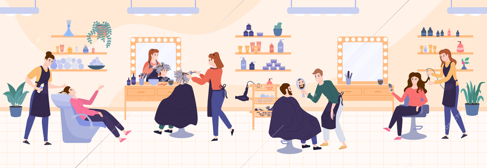 Flat composition with hair salon interior hairdressers and barber working with clients vector illustration