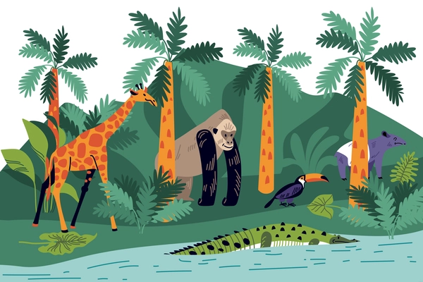 Jungle composition with wild scenery and exotic plants palms with crocodile giraffe and gorilla with toucan vector illustration