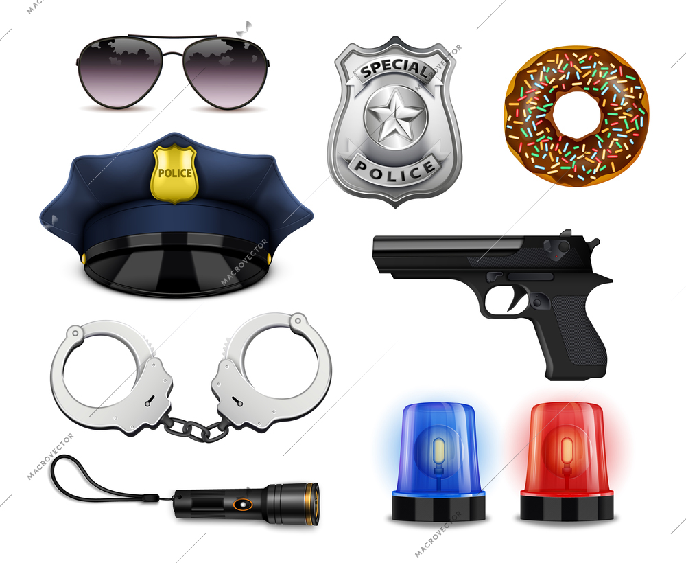 Police equipment big set of realistic icons with flashlight shield and handcuffs with hat and sunglasses vector illustration