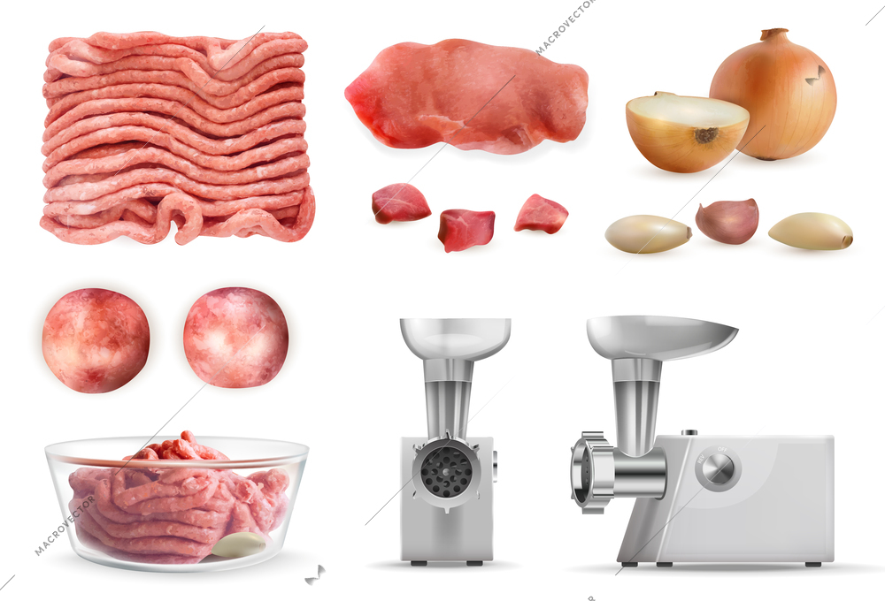 Forcemeat meat realistic set stainless electric meat grinder fillet and ingredients for cutlet preparation isolated vector illustration