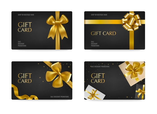 Luxury black gift cards  decorated by gold ribbon with bows 2x2 realistic set isolated vector illustration