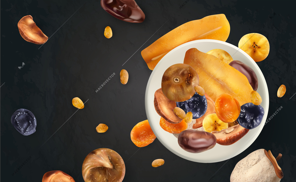 Dry fruits chalkboard with scattering of realistic fruits on black background and bowl with mix vector illustration