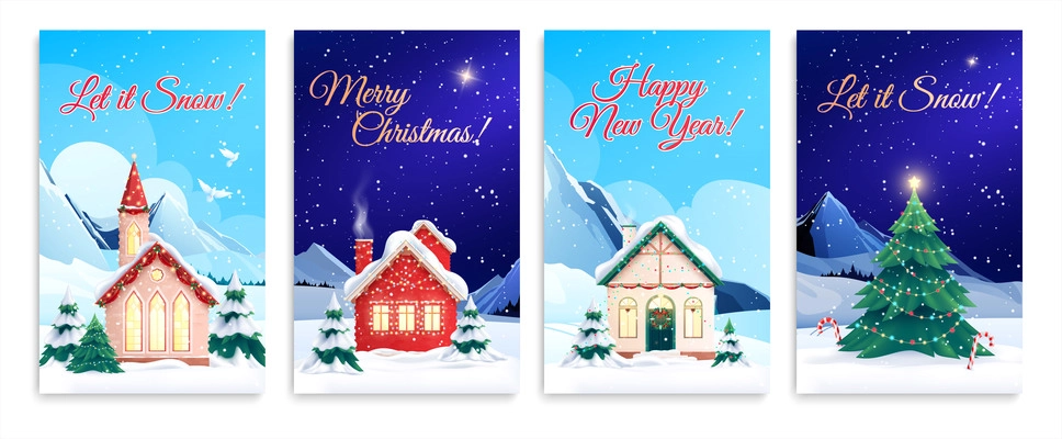 Christmas houses collection of four vertical cards with outdoor landscapes snowy mountains and editable ornate text vector illustration