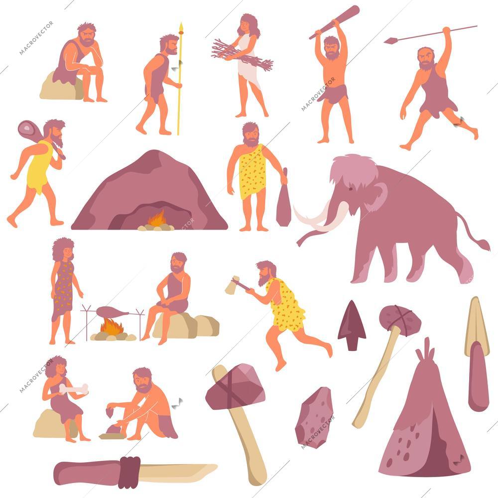 Stone age flat set with isolated icons of labour instruments caves tents and ancient people characters vector illustration