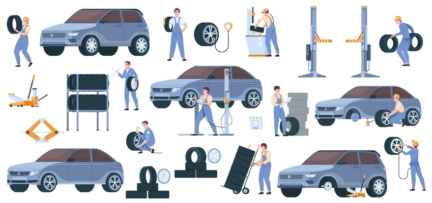 Flat set with mechanics in uniform working at tire service isolated vector illustration