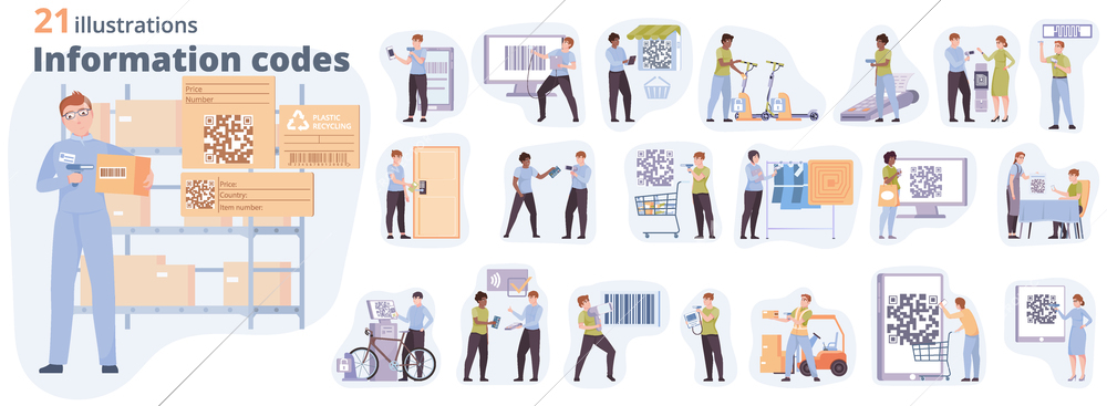 Set of flat compositions with people scanning qr rfid and bar codes in different situations isolated vector illustration