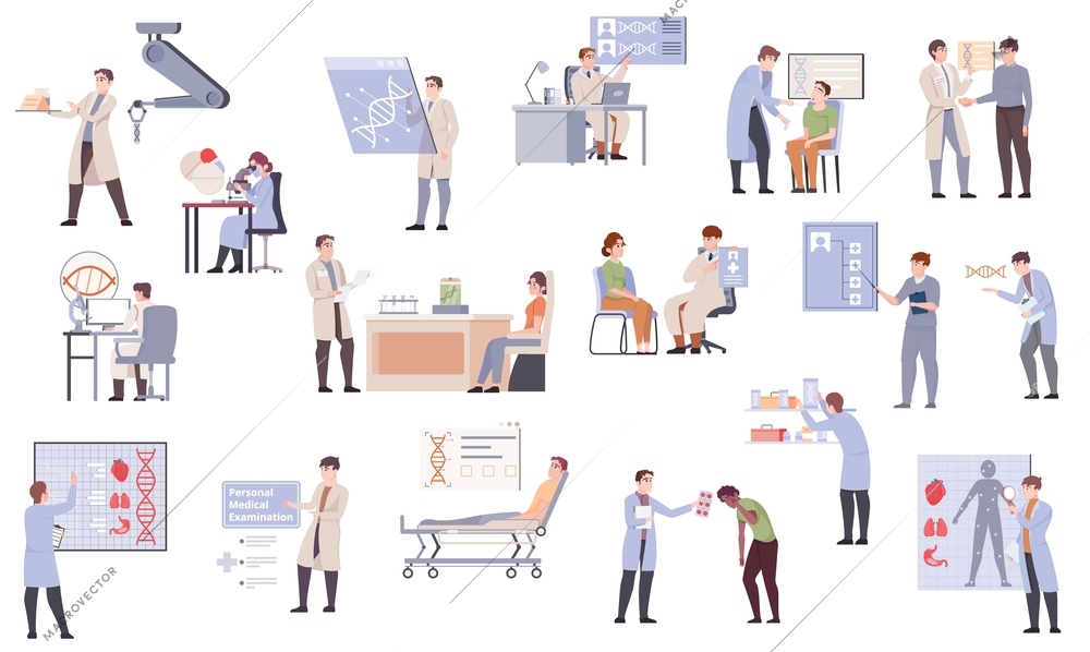 Personalized medicine set with people taking personal medical examination and dna tests isolated flat vector illustration