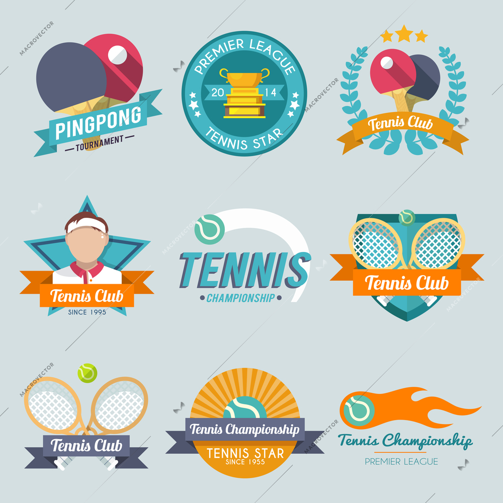 Tennis championship pingpong tournament premiere league label set isolated vector illustration