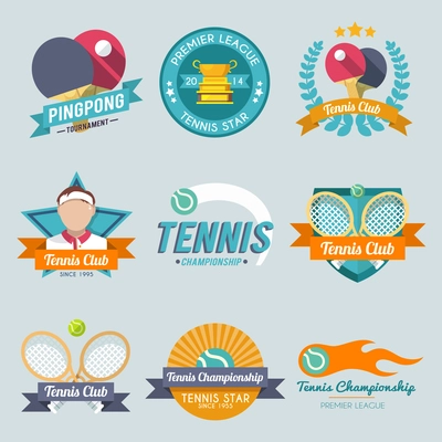 Tennis championship pingpong tournament premiere league label set isolated vector illustration