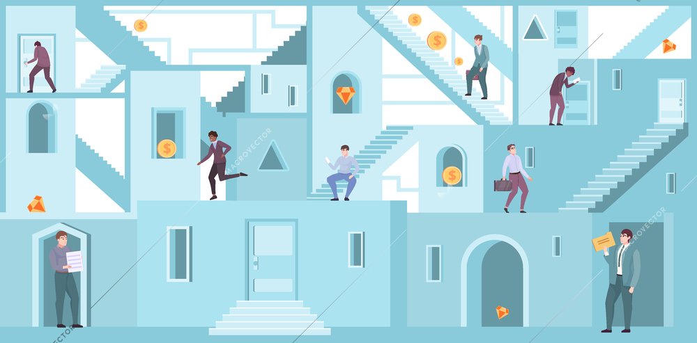 Business people looking for exit out of maze flat vector illustration