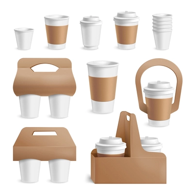 Blank coffee cups and holder realistic set isolated vector illustration