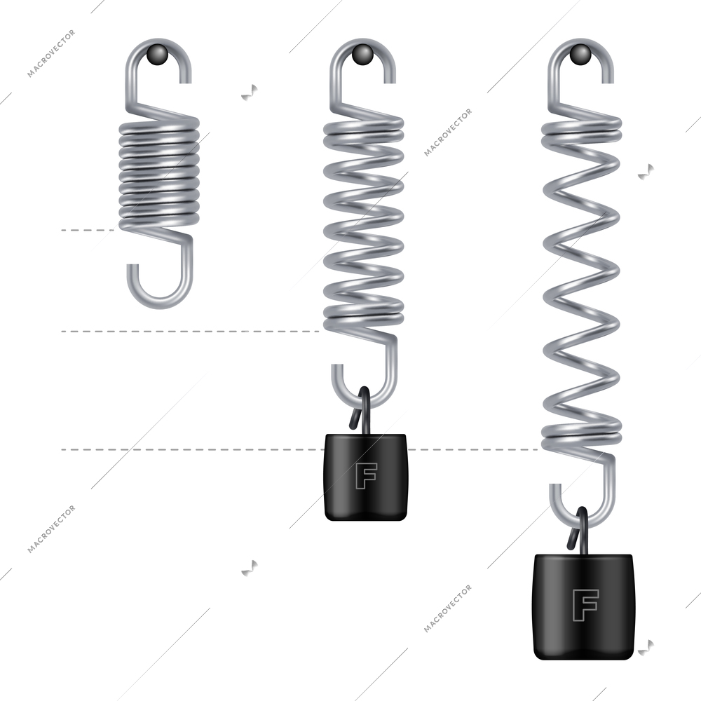 Metal spring silver realistic set with weight isolated vector illustration