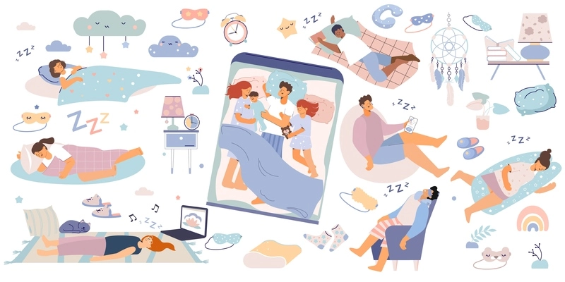 Sleep people composition with set of flat isolated icons and human characters of sleeping family members vector illustration