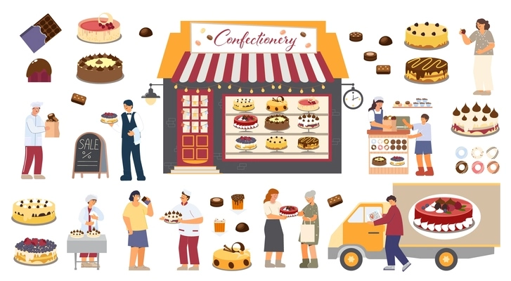 Sweet shop set with flat isolated storefront with human characters and pieces of confectionery products dishes vector illustration