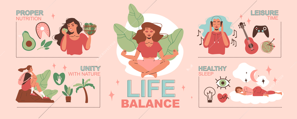 Life balance infographics with proper nutrition unity with nature healthy sleep flat compositions vector illustration