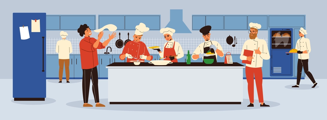 Professional cooking horizontal illustration with group of cookers making different meals in restaurant kitchen interior flat vector illustration