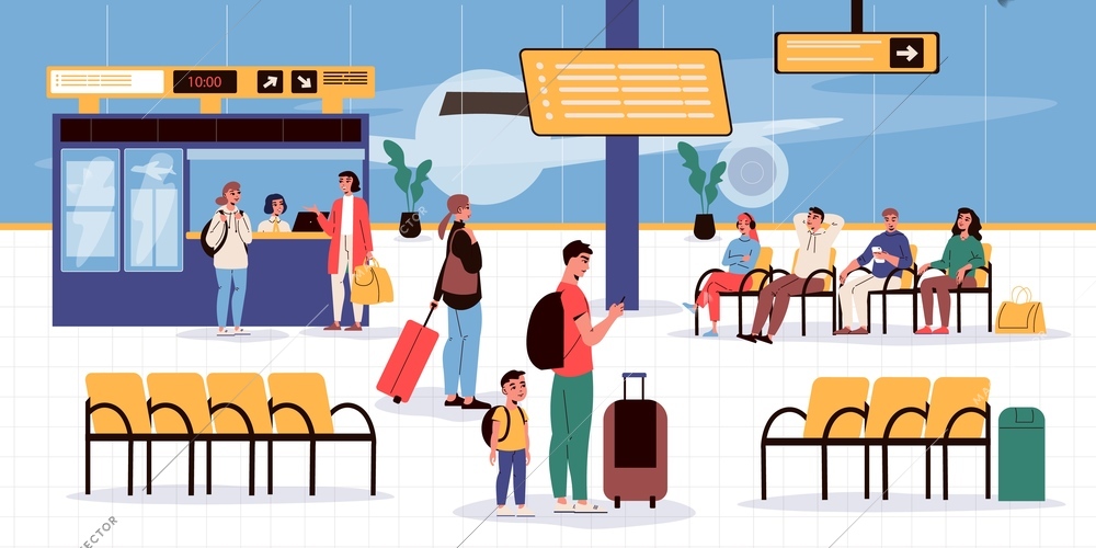 Travel people background with passengers waiting for flight in airport lounge or passing registration flat vector illustration