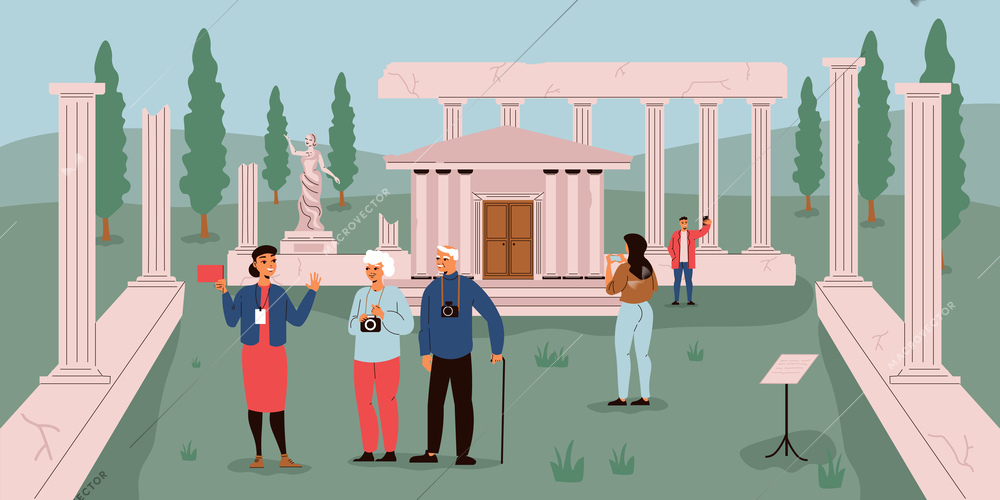 Excursion flat color background with tour guide telling group of tourists about ancient architecture landmarks vector illustration