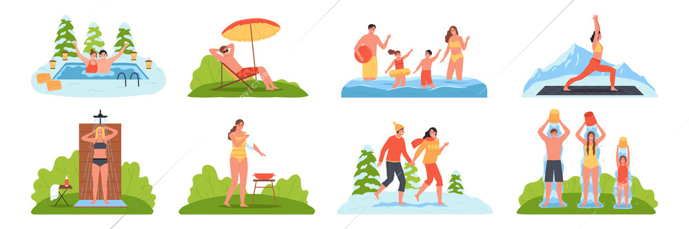 Set of eight isolated healthy life hardening compositions with human characters tempering their bodies in winter vector illustration