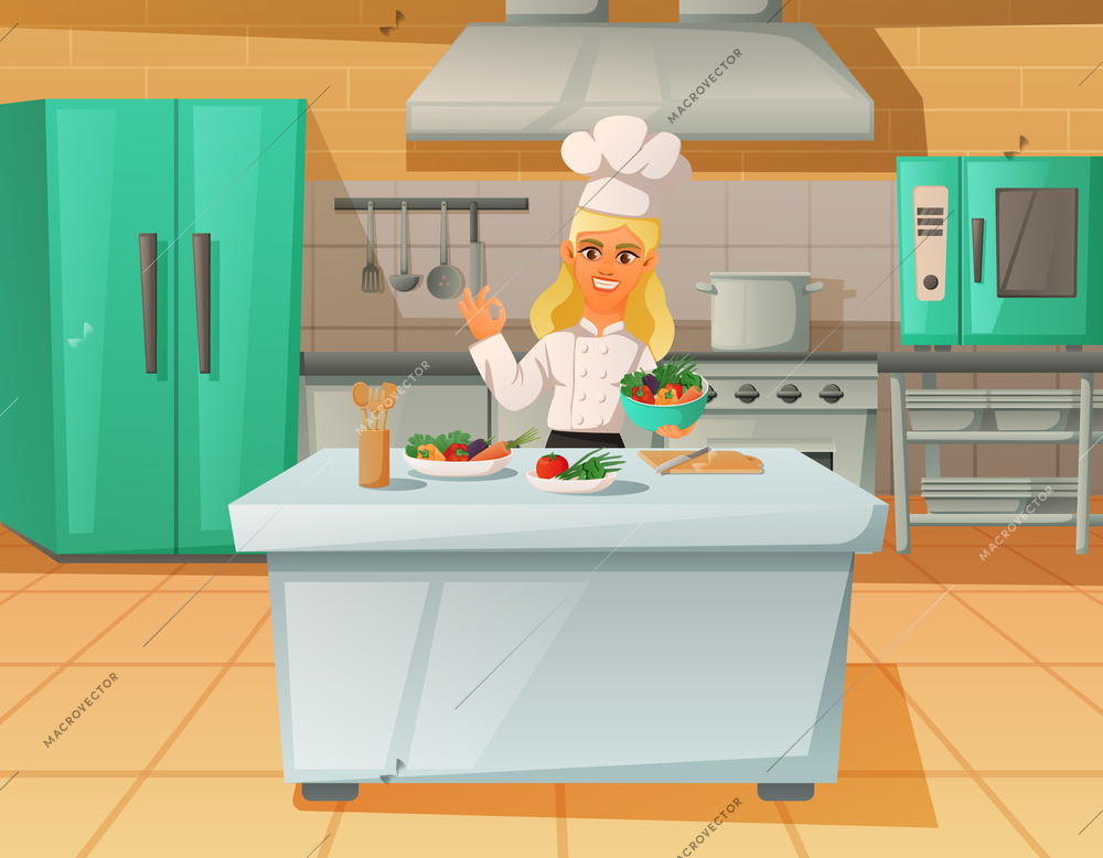 Funny female chef cartoon character preparing various dishes for visitors in restaurant kitchen vector illustration