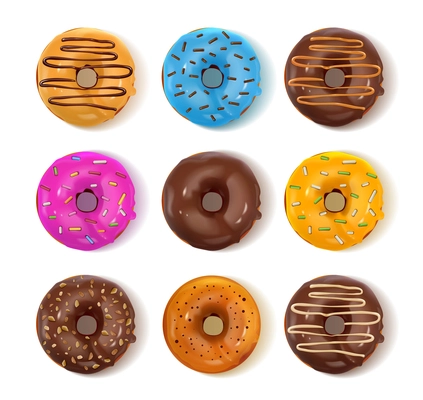 Top view of different donuts with chocolate and colorful glaze  realistic set isolated vector illustration