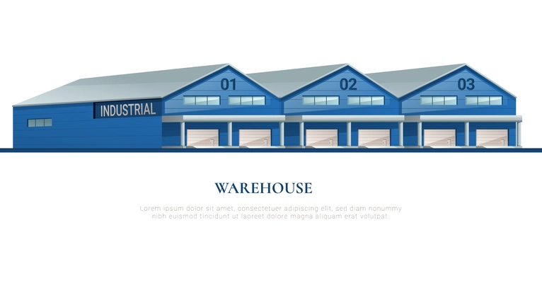 Industrial warehouse flat composition with three similar large storage hangars with gates for transport vector illustration