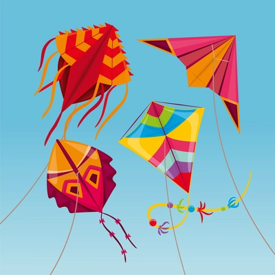 Wind kites background composition with view of two colorful kites flying in sky with strings tails vector illustration