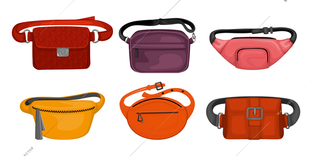 Trendy waist bags set of different shape and color unisex items with latch buckle and zippers isolated vector illustration