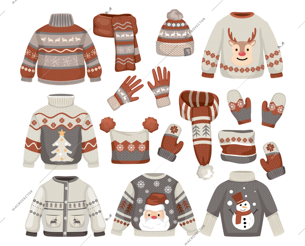 Set of isolated handmade christmas sweaters with warm clothes hats scarves and gloves with festive artwork vector illustration