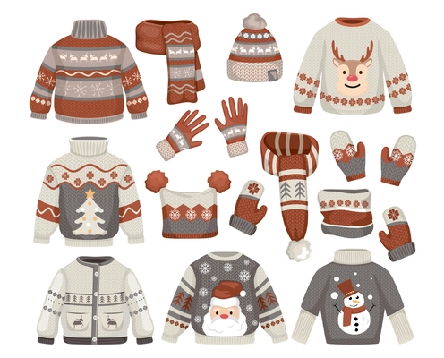 Set of isolated handmade christmas sweaters with warm clothes hats scarves and gloves with festive artwork vector illustration