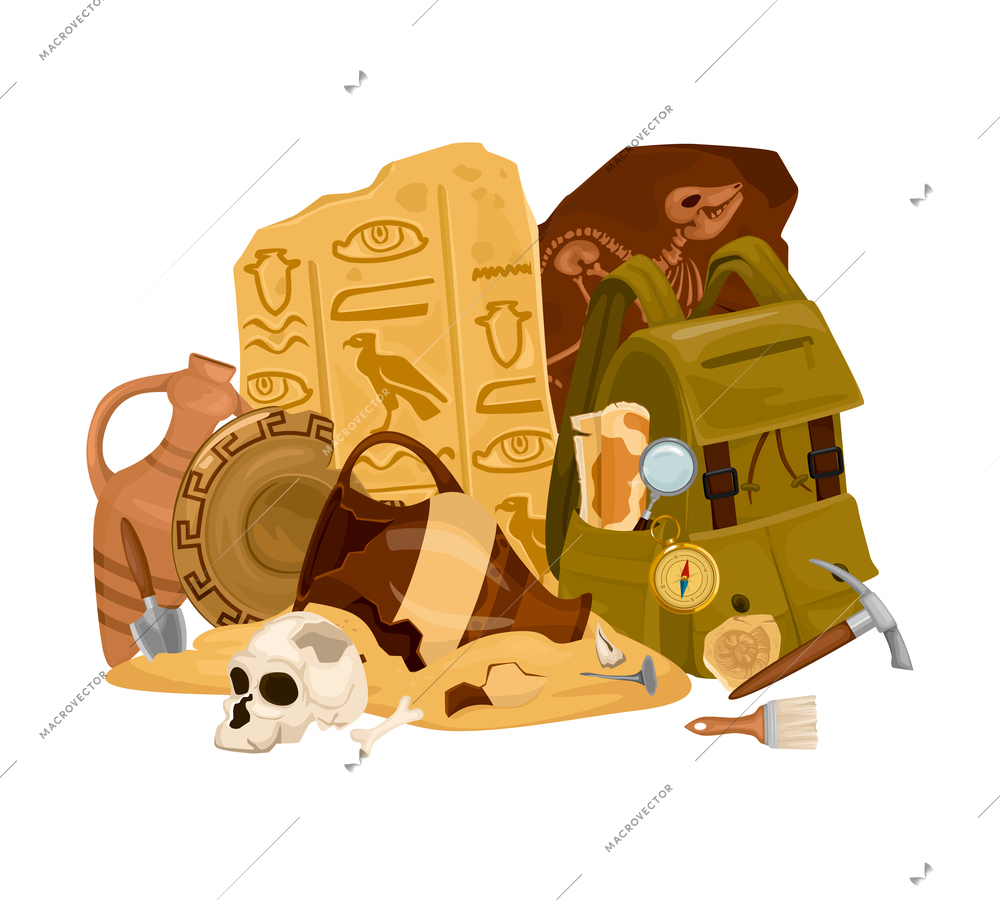 Archeology ancient artifacts composition with isolated image of pile with manuscripts vases skull and archeologists backpack vector illustration