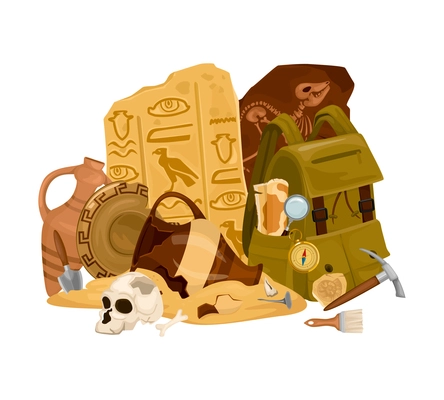 Archeology ancient artifacts composition with isolated image of pile with manuscripts vases skull and archeologists backpack vector illustration