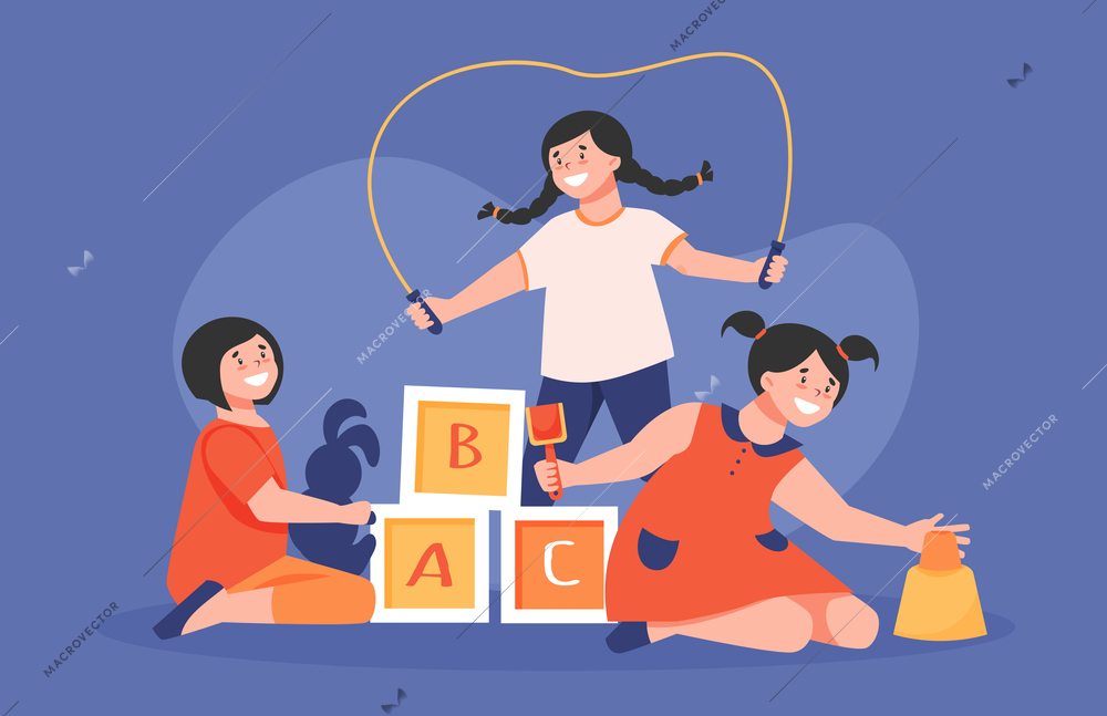 Kindergarten children composition with characters of little girls playing with toy cubes jumping with skipping rope vector illustration