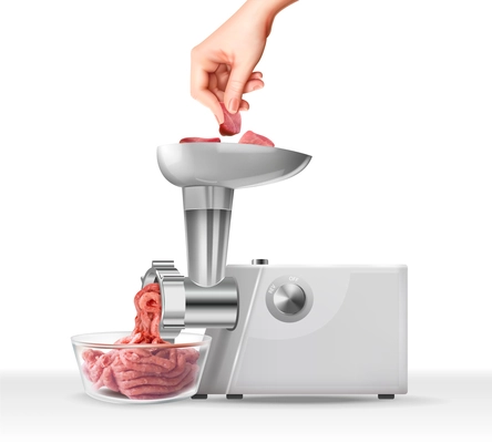 Preparation forcemeat manually at home in electric meat grinder realistic background vector illustration