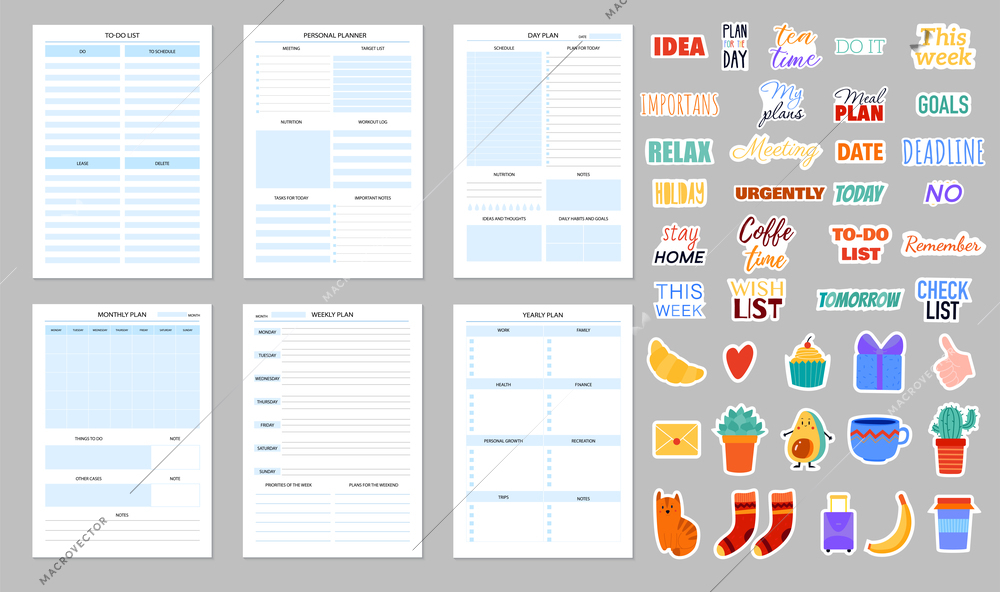 Planners and daily notebooks with set of  sticker templates decorated with cartoon images and handwritten lettering flat isolated vector illustration