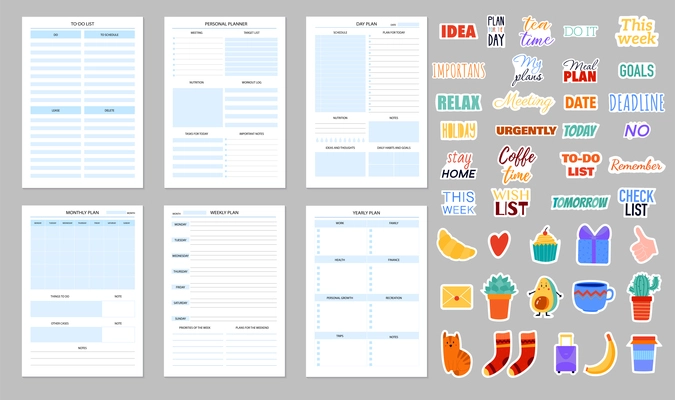 Planners and daily notebooks with set of  sticker templates decorated with cartoon images and handwritten lettering flat isolated vector illustration