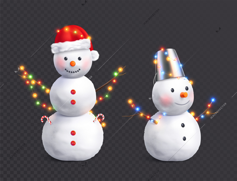 Two realistic snow men in Christmas lights decoration on transparent background vector illustration