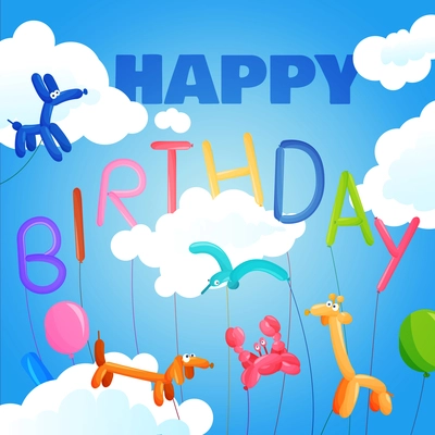 Happy birthday postcard template with balloon animals on sky background vector illustration